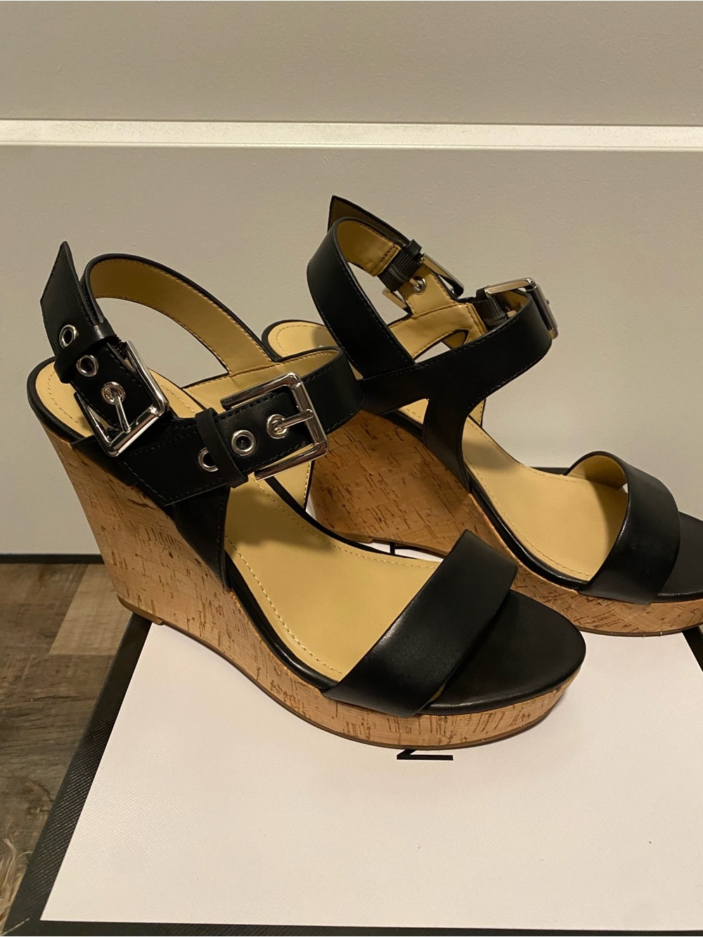 Nine West 9 M Black Cork Wedge Sandals with Buckle Detail